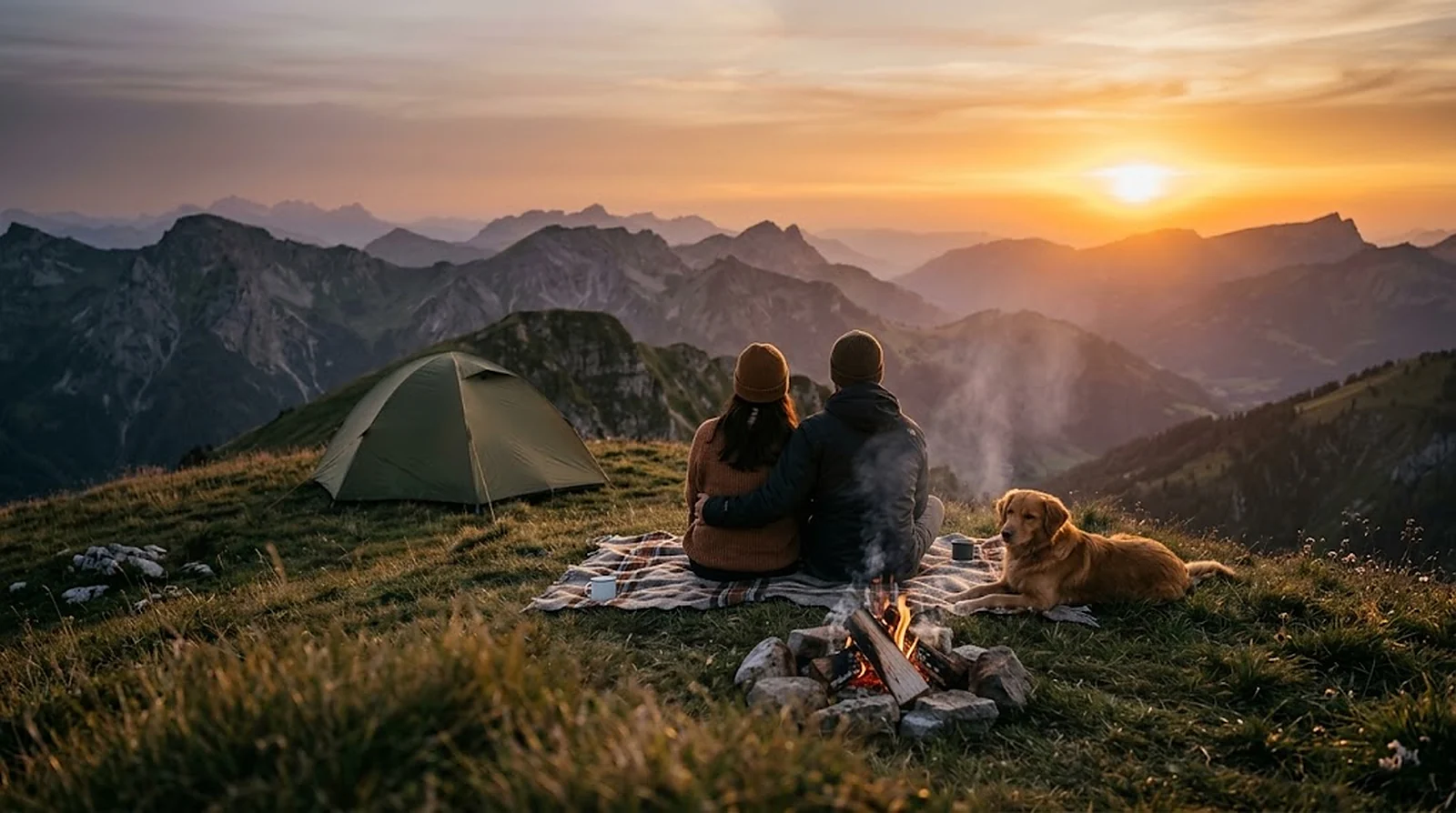 Un couple et son chien assis près d'un feu de camp, à côté de leur tente, face au coucher du soleil sur les montagnes