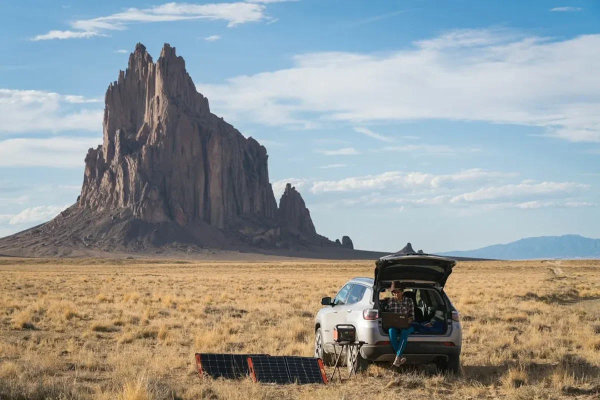 Voiture avec coffre ouvert et panneau solaire portable posé au sol pour recharger le matériel en camping